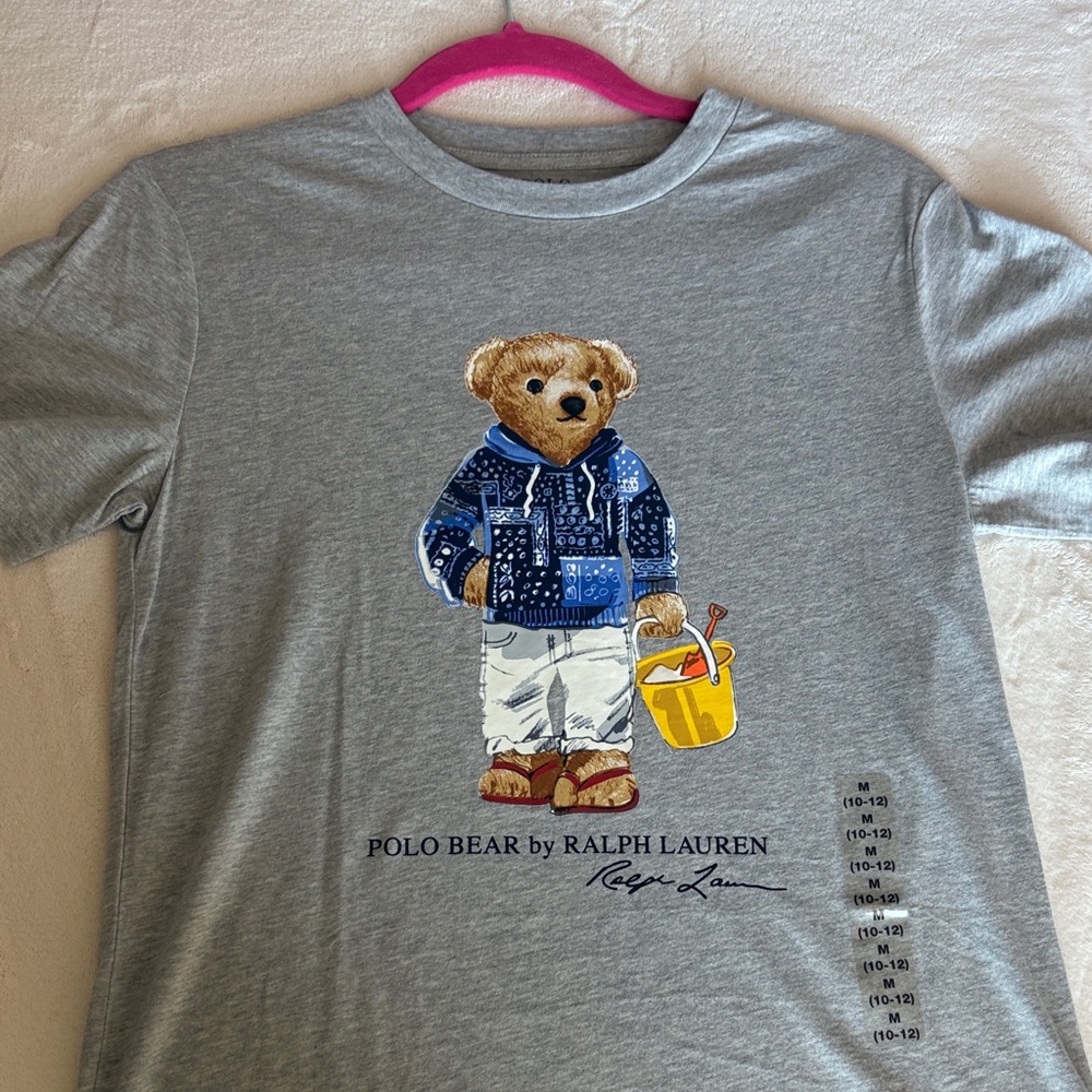 Ralph Lauren Grey Tee with Polo Bear in Blue Sweater and Yellow Bucket